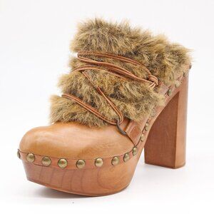 Jeffrey Campbell Woodies Women’s Brown Leather Fur Trim Clog: Size-EU 41/US 10
